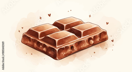 Chocolate bar illustration with hearts and splashes on a soft background, viewed from above, showcasing a sweet treat