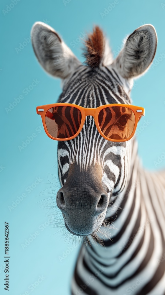 Fototapeta premium Zebra wearing bright orange sunglasses, creating a humorous and cool animal portrait against a vibrant blue background, expressing individuality and fun