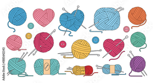 Colorful collection of yarn balls, knitting needles, and crochet hooks for handmade crafts and hobby-related projects.
