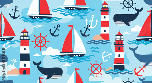 Seamless nautical pattern with red lighthouses, sailboats, blue whales, and anchors floating on cartoon sea waves.