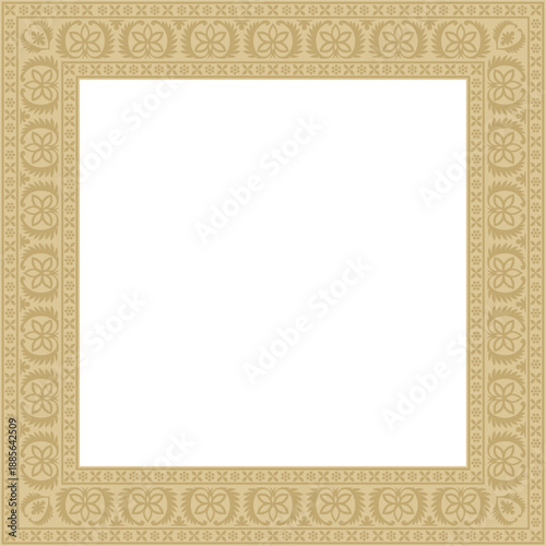 Vector square golden Indian national ornament. Ethnic plant border. Flowers frame. Poppies and leaves.