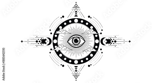 Mystical all-seeing eye of providence symbol with moon phases and sacred geometry for esoteric or spiritual design concepts.