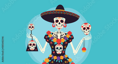 Vibrant illustration of a Calavera Catrina skeleton decorated with flowers for the Mexican Day of the Dead celebration.