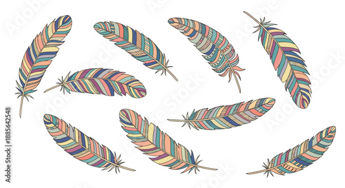 Collection of beautifully detailed and colorful feathers with ethnic and tribal patterns in a hand-drawn bohemian style.