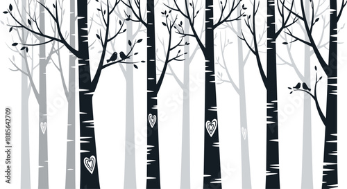 A serene and minimalist background illustration of a black and white birch tree forest with small birds on the branches.