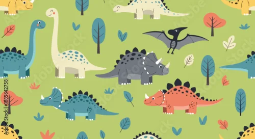 Obraz Childish seamless pattern with various cute cartoon dinosaurs like Triceratops and Brontosaurus in a prehistoric landscape.