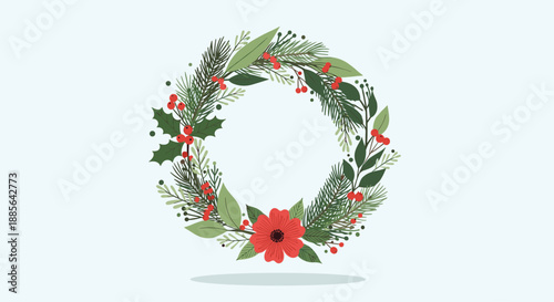 Beautifully decorated Christmas wreath with pine branches, holly, red berries, and a vibrant poinsettia flower.