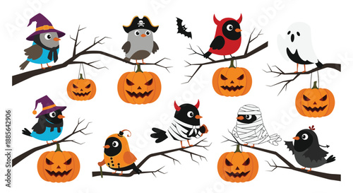 A fun and spooky collection of cute cartoon birds dressed in various Halloween costumes on branches with jack-o'-lanterns.