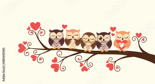 A romantic illustration of five cute cartoon owls snuggling together on a tree branch decorated with red hearts.