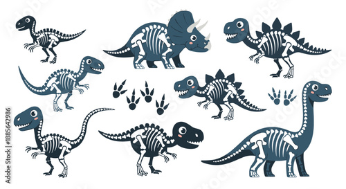 Cute cartoon dinosaur skeleton collection with T-Rex, Triceratops, and Stegosaurus fossils for kids' paleontology themes.