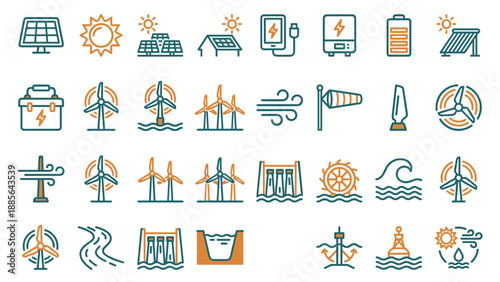 Renewable energy icon set solar wind hydro power duotone flat vector symbols. Clean electricity battery turbine panel sustainable green technology alternative environment