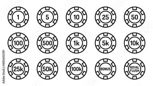 Casino poker chips set with values 1 5 10 25 50 100 500 1k 5k 10k 25k 50k 100k bonus royal flush. Gambling tokens collection. Gaming coin icons. Line art vector