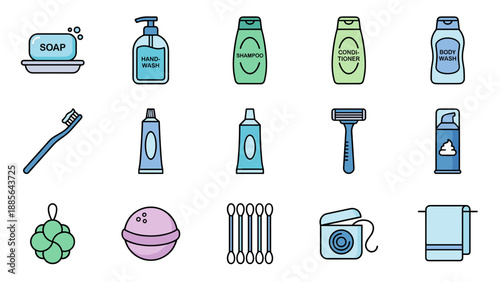 Bathroom toiletries icon set hygiene products soap shampoo conditioner body wash toothbrush toothpaste razor dental floss towel bath sponge vector flat design