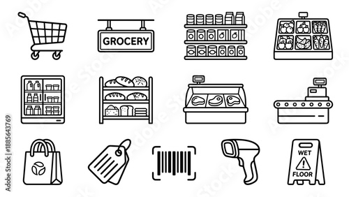 Grocery supermarket outline icon set with shopping cart, barcode scanner, bread counter, fresh produce, dairy section, price tag, shopping bag, and checkout counter icons collection for retail design
