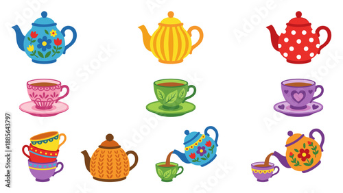 Colorful tea party teapots and cups vector set. Vibrant flat design of ceramic teapots and teacups with floral, heart, and geometric patterns. Decorative tea time icons isolated on white background.
