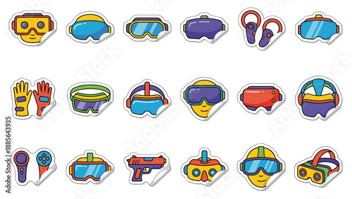 Virtual reality headset icons set. Modern VR goggles, controllers, gloves, and gear collection. Futuristic gaming technology symbols in colorful sticker style. Augmented reality illustration pack.