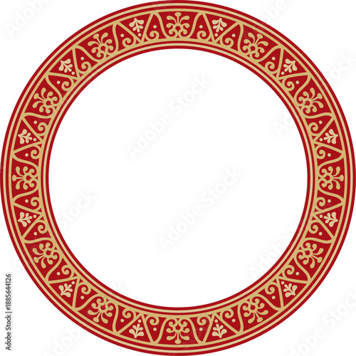 Vector round gold with red border, frame, Pompeii ring. Circle Neopolitan ornament. Art of Ancient Rome.