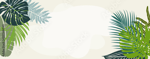 Modern tropical botanical illustration with palm and monstera leaves in green and teal tones, arranged in a clean circular composition on white.