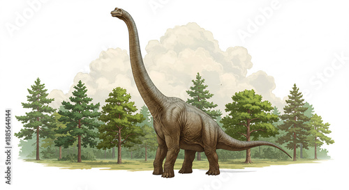 Gigantischer Brachiosaurus mit langem Hals steht aufrecht in üppigem prähistorischem Wald bei hellem Tageslicht