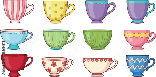 Decorative teacup vector set with colorful coffee cups, vintage tea mugs and patterned drinkware isolated on white background for kitchen and café design