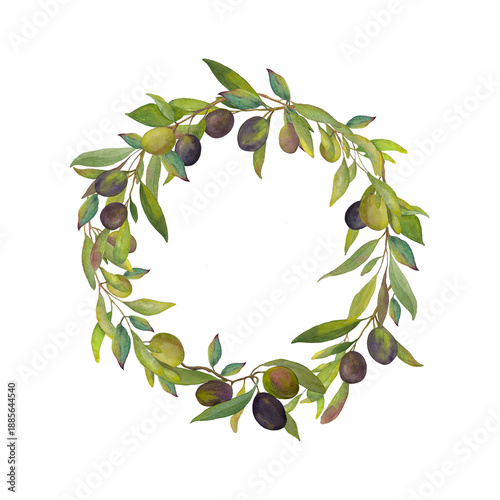 Watercolor Olive Wreath Frame with Branches and Olives