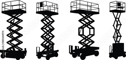 Scissor lift silhouette set, aerial work platform equipment for construction maintenance industry, black industrial machines isolated on white background