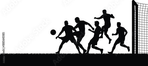 Soccer players silhouette illustration, football match action near goalpost, team sport competition scene, athletic gameplay graphic, isolated background