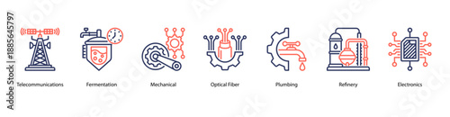 Industrial Communication and Processing web banner icon vector illustration featuring Telecommunications, Fermentation, Mechanical, Optical Fiber, Plumbing, Refinery, and Electronics.
