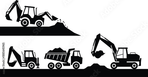 Construction machinery silhouettes with excavator, backhoe loader and dump truck loading soil, heavy equipment earthmoving process illustration, black vector icon set
