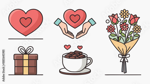 Valentine's Day symbols with heart, gift, coffee, and flowers
