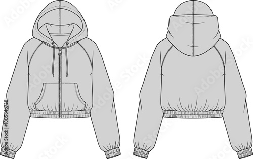 Fashion technical drawing of cropped hoodie, raglan sleeve, zip up front, elastic hem, kangaroo pocket, cad drawing flat vector illustration