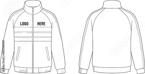 Fashion technical drawing of track jacket, flat sketch vector illustration, raglan sleeve, zip up closure, front back views, sport mockup