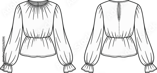 Fashion technical sketch, blouse front and back view, gathered neckline, peplum waist, voluminous sleeves, vector garment illustration, sewing pattern design
