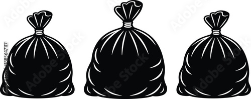 Garbage bag silhouette icon set with tied trash sacks, waste management and cleanliness concept, black vector illustration isolated on white background