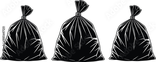 Garbage bag silhouette icon set with tied trash sacks, waste management and cleanliness concept, black vector illustration isolated on white background