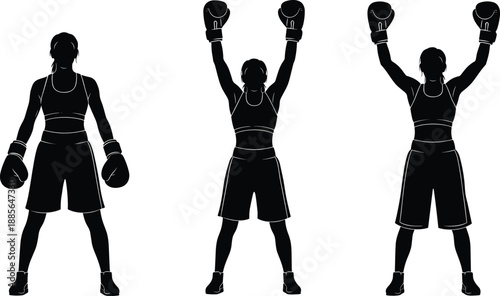 Female boxer silhouette vector illustration, woman wearing boxing gloves in victory pose, sports fitness and self defense concept isolated on white background