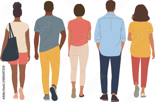 Diverse group of men and women walking together from behind, modern flat illustration representing teamwork, community, inclusion, diversity, urban lifestyle, friendship, and social connection