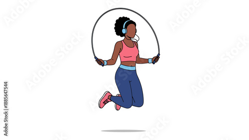 Athletic Woman Jumping Rope with Headphones, Vector Illustration, Fitness and Healthy Lifestyle Concept, Exercise and Workout Graphic