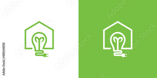Green house with light bulb and plug energy saving concept.