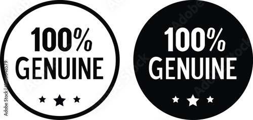 A set of two black and white circular “100% Genuine” badge icons, featuring clean typography and star accents. One version uses a white background with a black outline, while the other is inverted wit