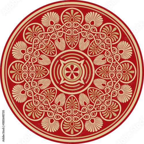 Vector gold with red classic Greek round ornament. Circle of Ancient Greece and the Roman Empire. Byzantine painting of walls, floors and ceilings. Decoration of European palaces.