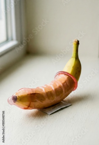 A yellow banana and a condom wearing it for protect against sexually diseasessuch as AIDS,safe sex concept.