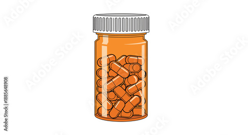 An amber colored prescription pill bottle filled with orange capsules and a white ridged cap on top.