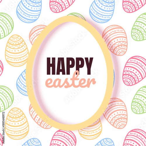 Illustration of Happy Easter Holiday Features a white oval frame shaped like an Easter egg with a soft yellow border perfect for holiday marketing, seasonal sales, boutique gift cards, and spring cele
