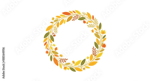 A beautiful circular wreath made of autumn leaves and small berries in warm colors like yellow orange and red adorning a white background.