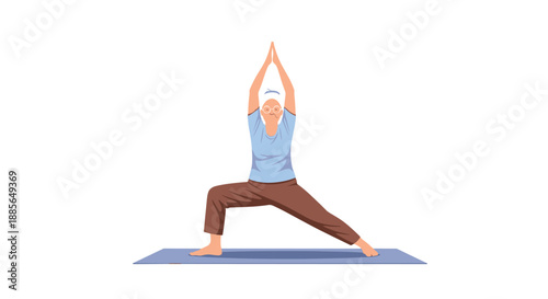 Gentle warrior pose yoga for seniors promotes balance and strength.