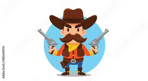 A cartoon cowboy with a large mustache holds two revolvers ready for action.