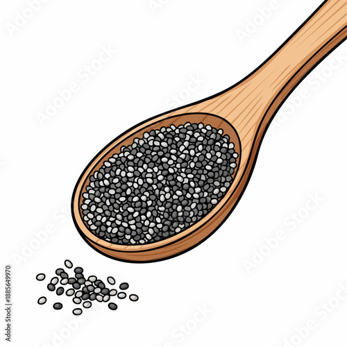 Wooden spoon with healthy chia seeds on white surface. Organic black and white chia seeds are ready for use in various recipes. Concept chia seeds for nutritious cooking, health blogs,