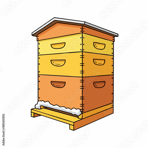 Illustration of traditional wooden beehive with stacked boxes, protective roof, and small entrance. Apiary beehive represents sustainable honey production, natural pollination, and healthy ecosystem.