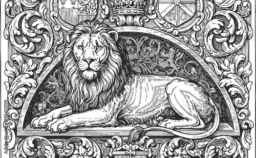 Ornate decorative illustration of a majestic lion reclining with intricate floral and heraldic design